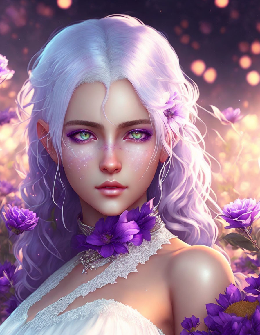 Fantasy woman portrait with white hair and purple eyes among purple flowers