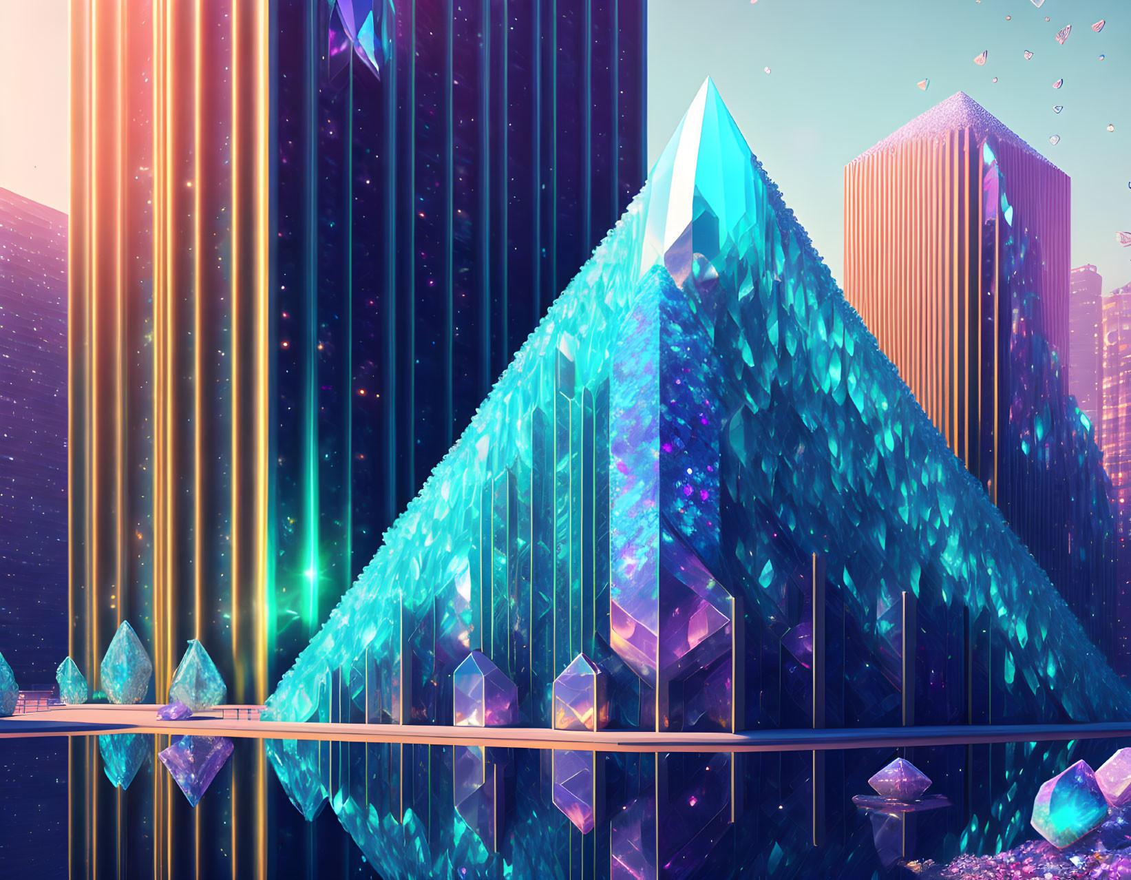 Vibrant digital artwork: futuristic crystal structures under radiant sky