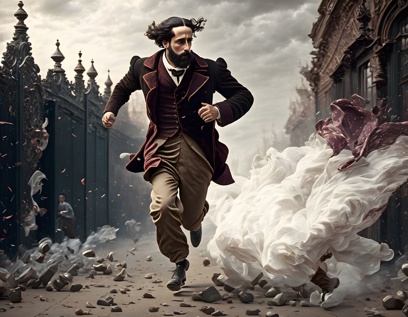 Historically dressed man running through chaotic street with billowing white cloth.