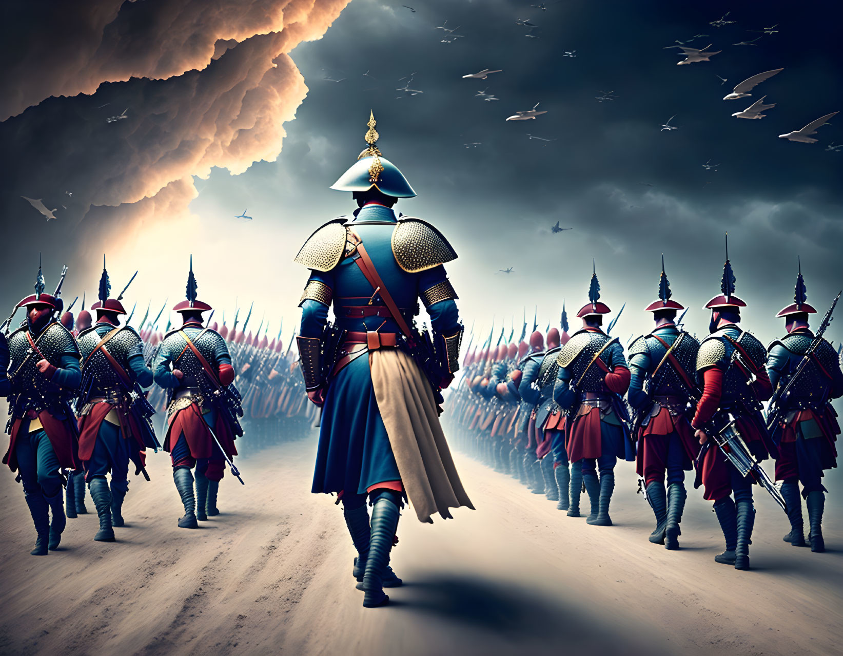 Armored warriors marching under stormy sky with leader and flying birds.