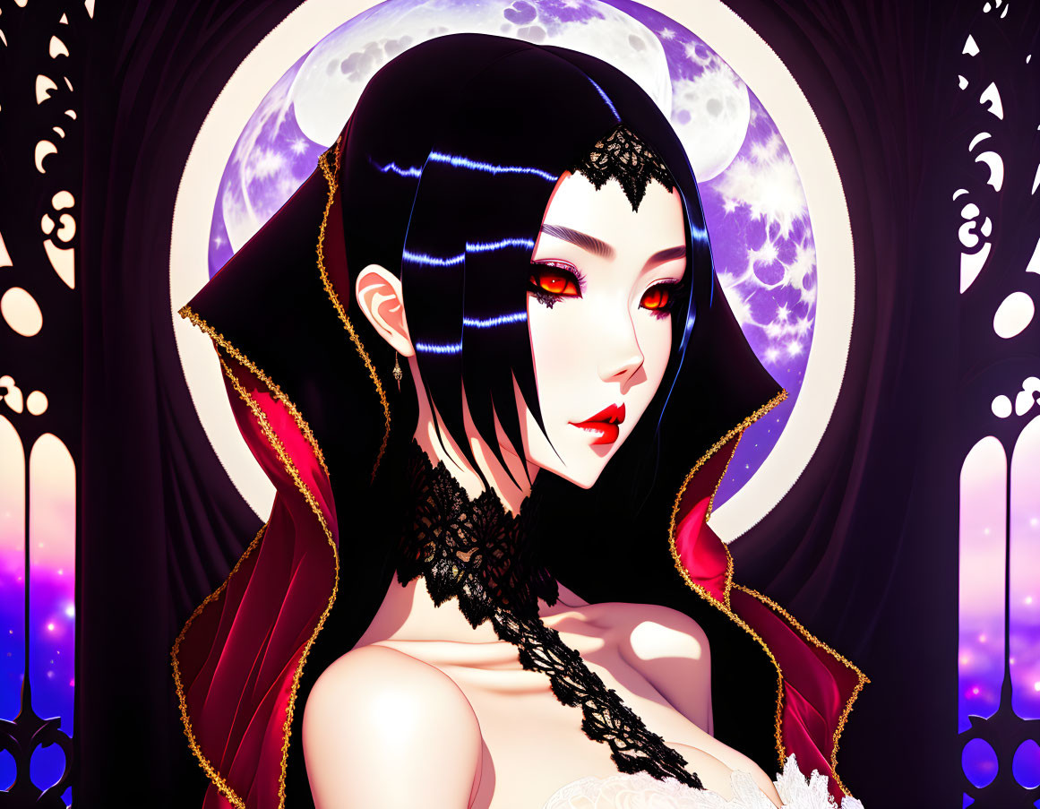 Detailed illustration of woman with black hair and red lips against moonlit stained-glass.