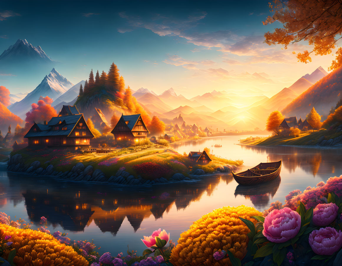 Tranquil sunset landscape with mountains, riverside houses, boat, and blooming flowers