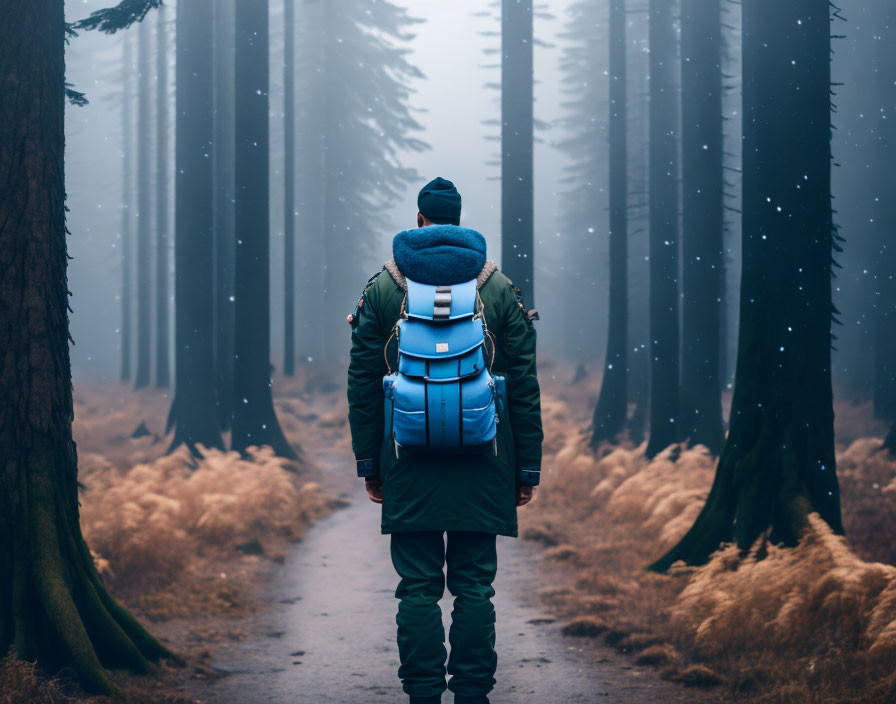 Person with Blue Backpack in Misty Forest with Tall Trees and Ferns