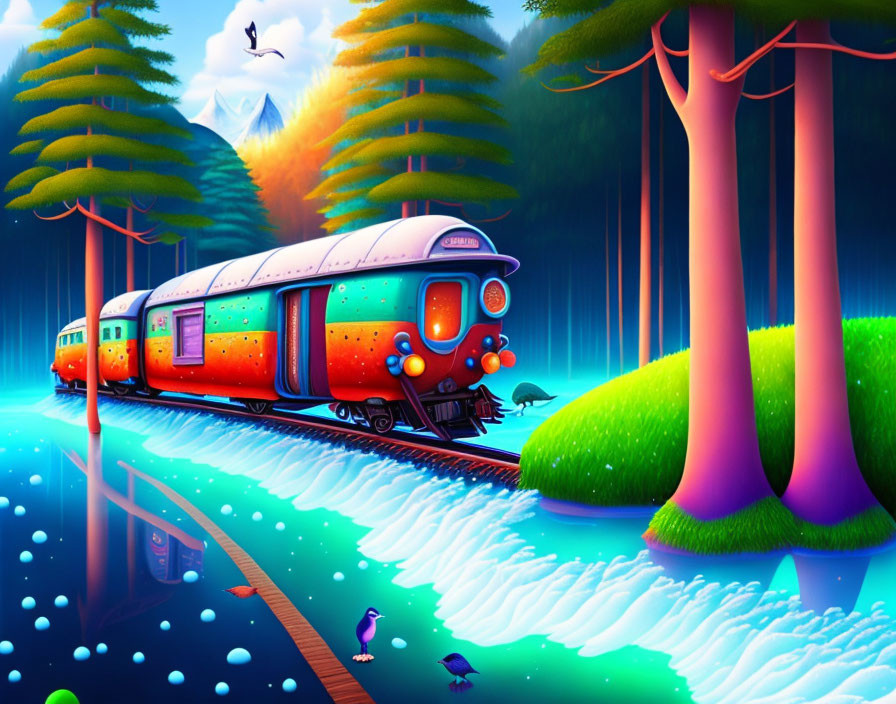 Colorful Train Moving Through Fantastical Landscape