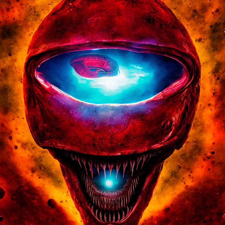 Colorful digital artwork of stylized alien head on cosmic backdrop