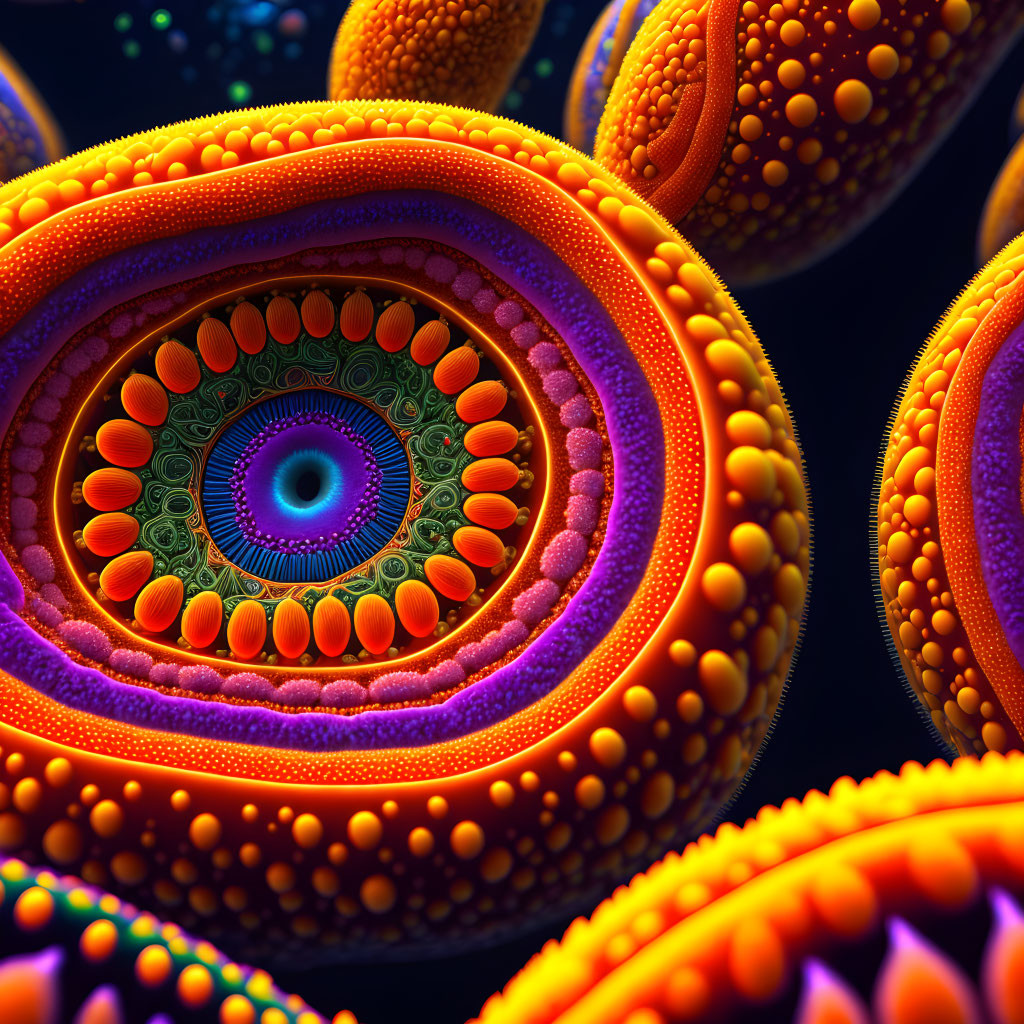 Colorful fractal image with circular patterns and eye-like center on dark background