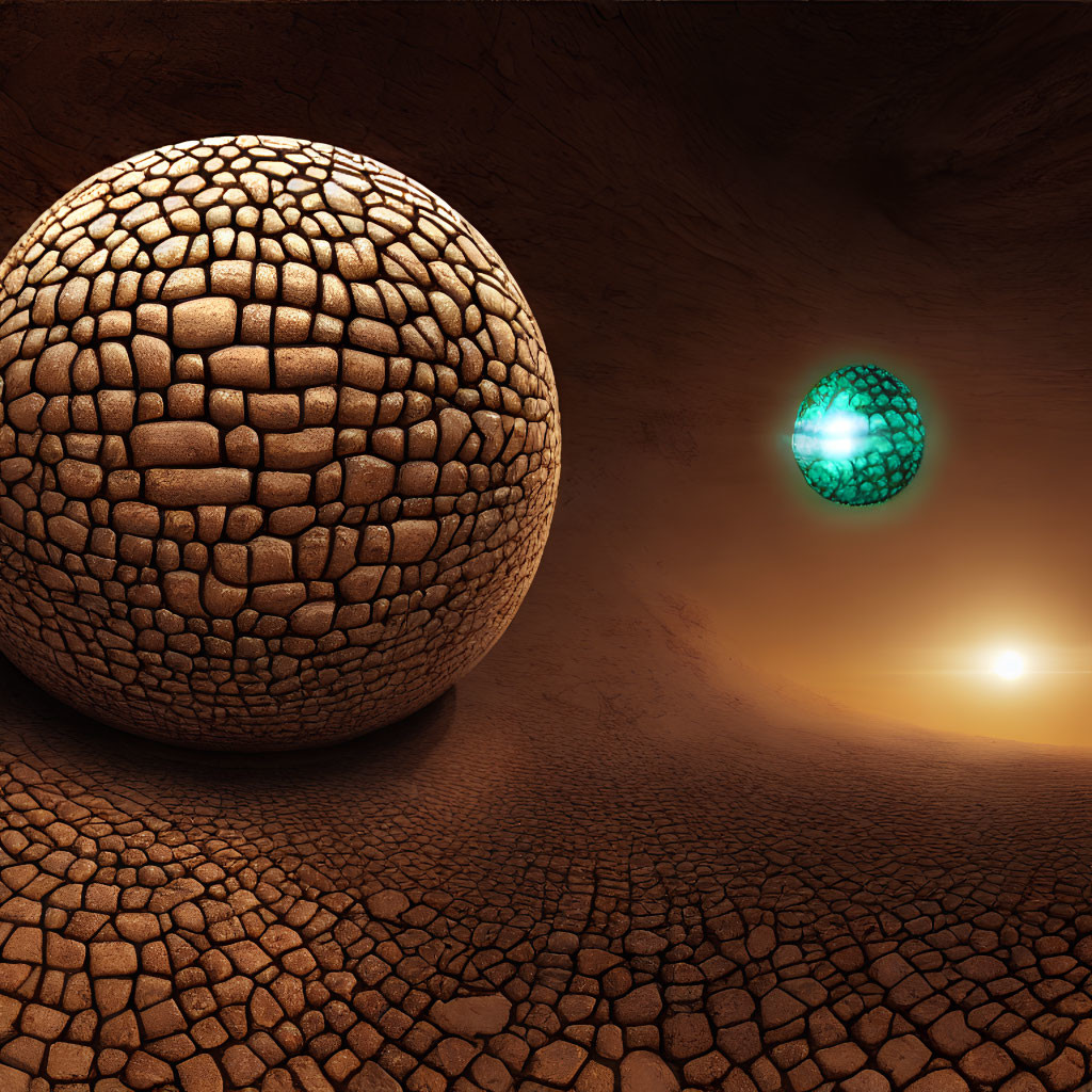 Textured sphere in cavernous tunnel with green grid-patterned sphere and glowing sun.