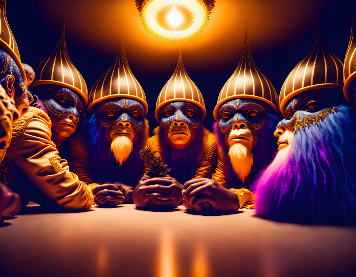 Realistic monkey masks and colorful attire group around table in warm lighting