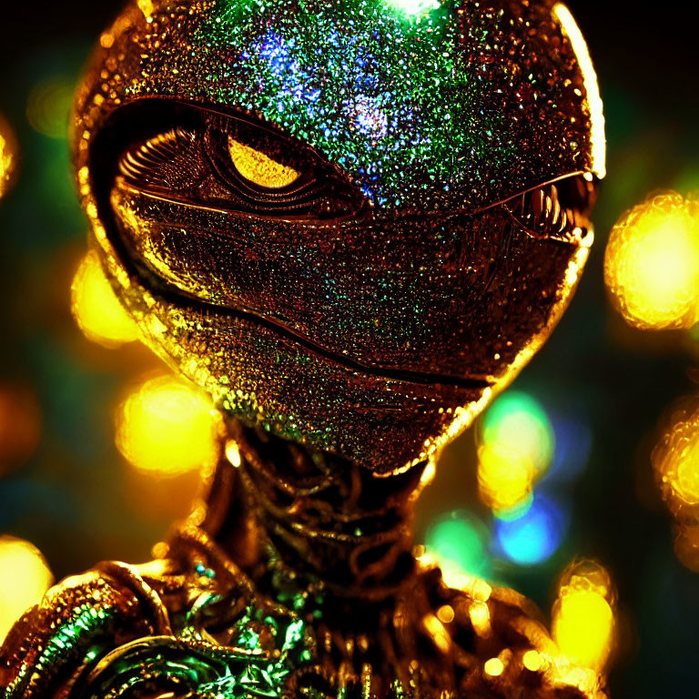 Sparkling humanoid figure with glittery skin and large eyes in close-up view