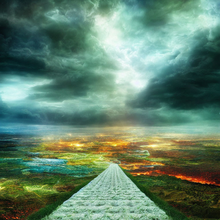 Straight Road Leading to Dramatic Horizon with Storm Clouds and Bright Sky over Fiery Landscape