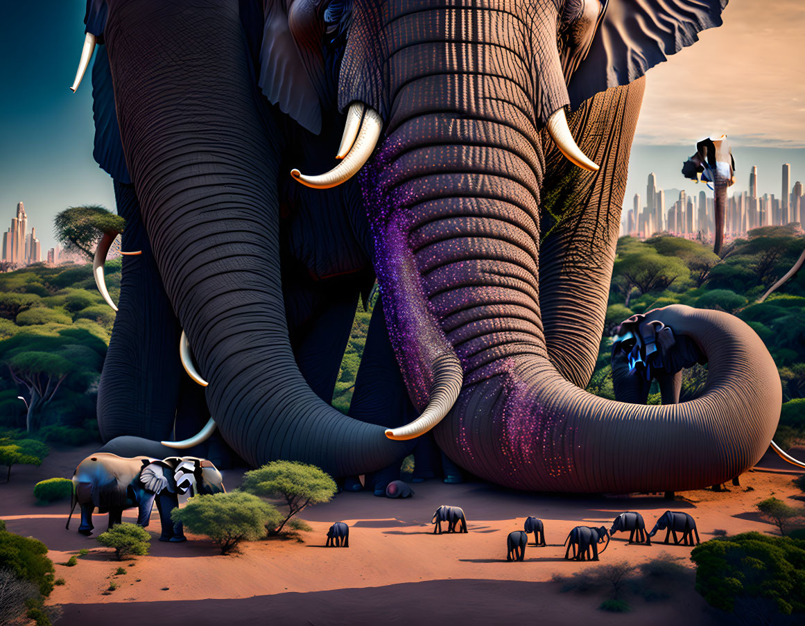 Giant elephants in futuristic desert landscape