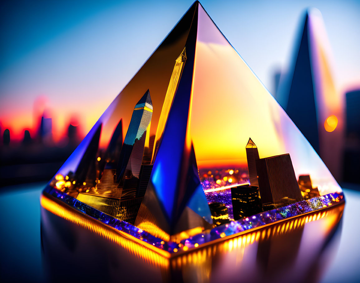 Cityscape sunset reflected in warm-toned pyramid.