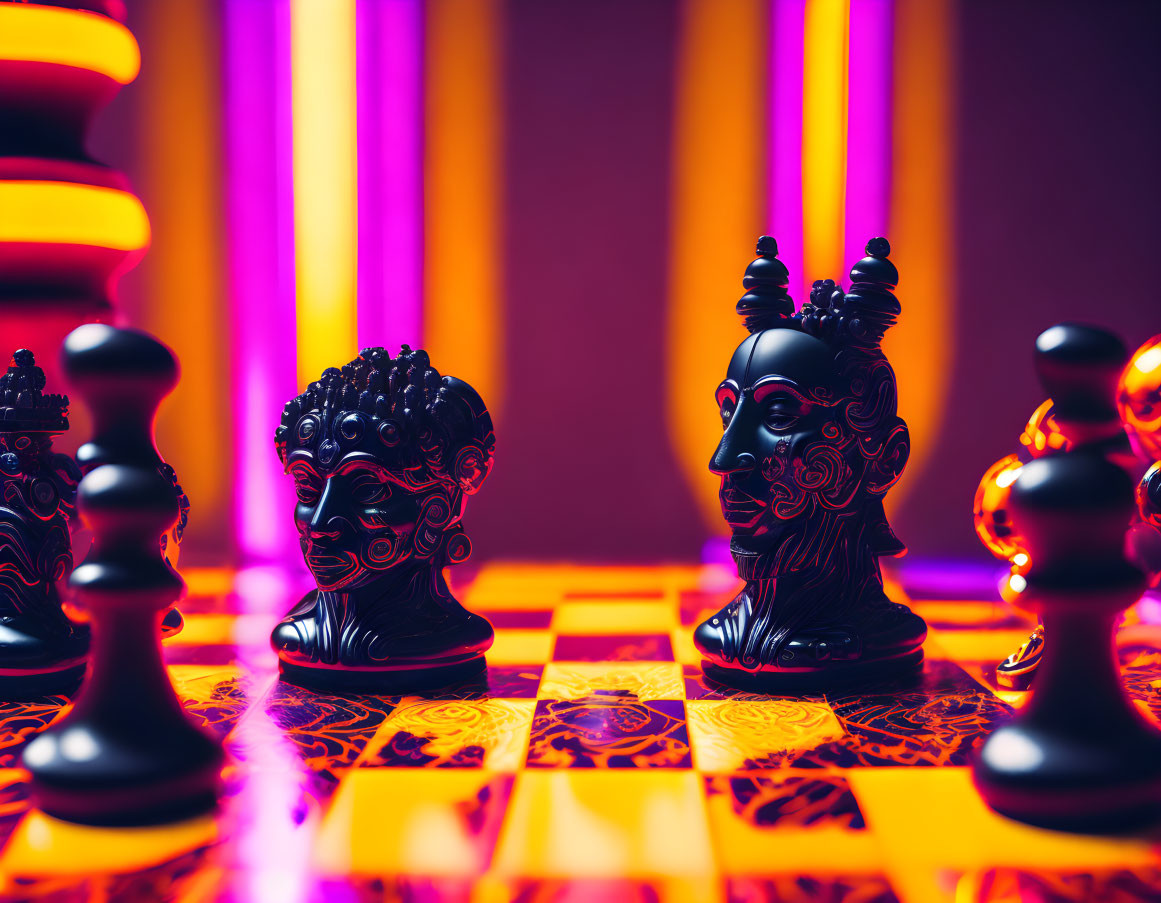 Colorful Chessboard with Black Ornate Pieces on Neon Background