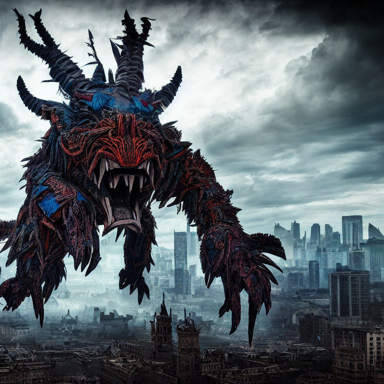 Menacing blue and red dragon over gloomy cityscape with textured scales and wings