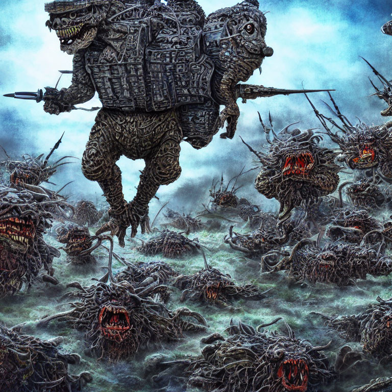 Fantasy battle scene with giant stone golem and monstrous creatures in misty, blue-toned setting