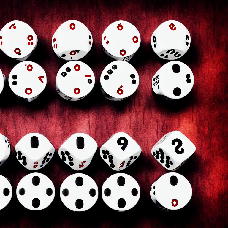 Assorted dice on red textured surface with different numbers.