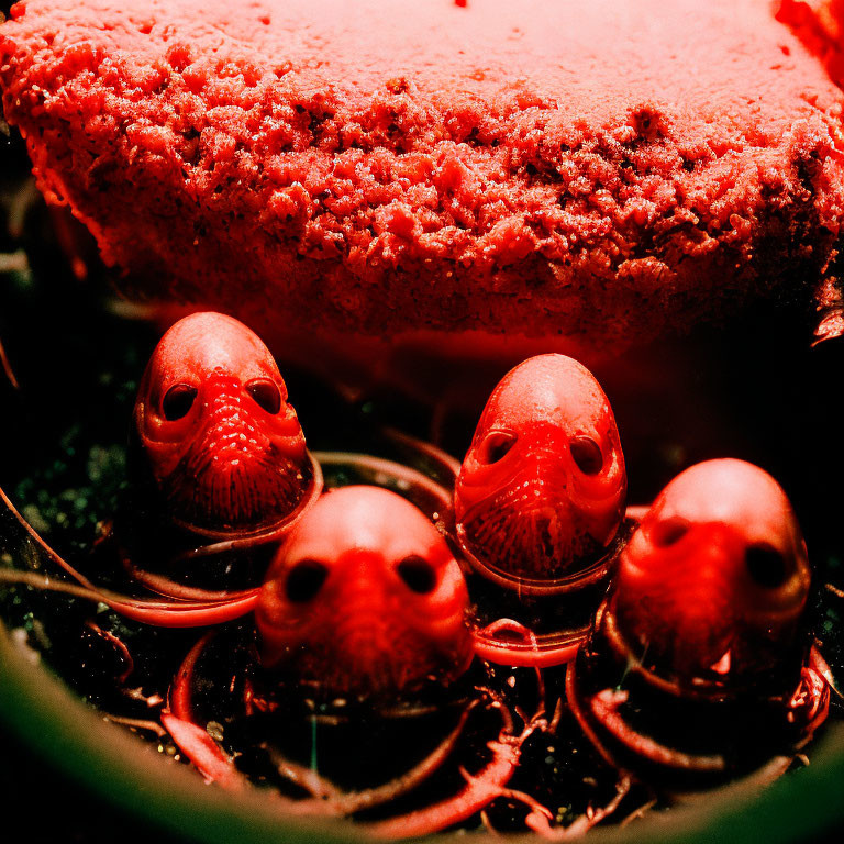 Detailed Red-Tinted Image of Four Fish with Intricate Heads Below Rough-Textured Object