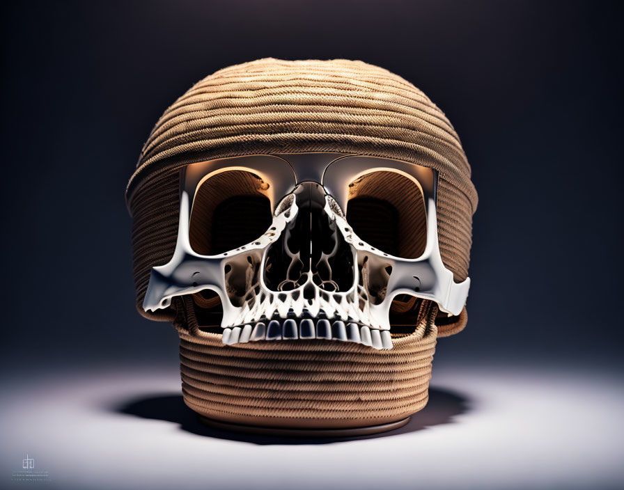 Stylized skull with beige cords on dark background - contemporary artistic illustration.