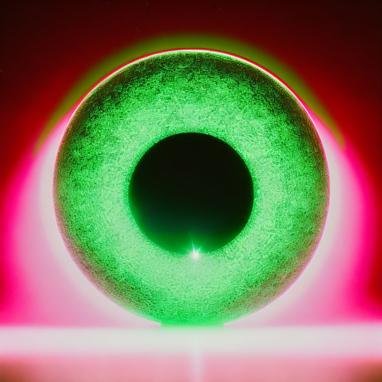 Vibrant neon green donut shape with red and pink halo on dark background