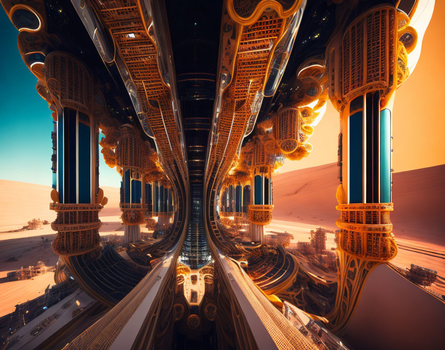 Ornate futuristic cityscape against desert backdrop