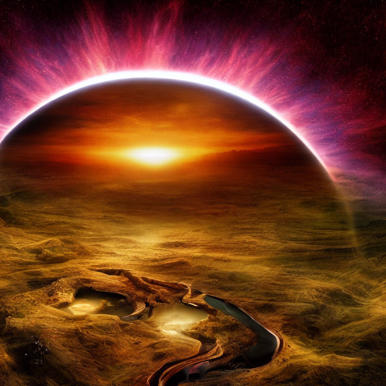 Surreal landscape with glowing sunset and planet on horizon