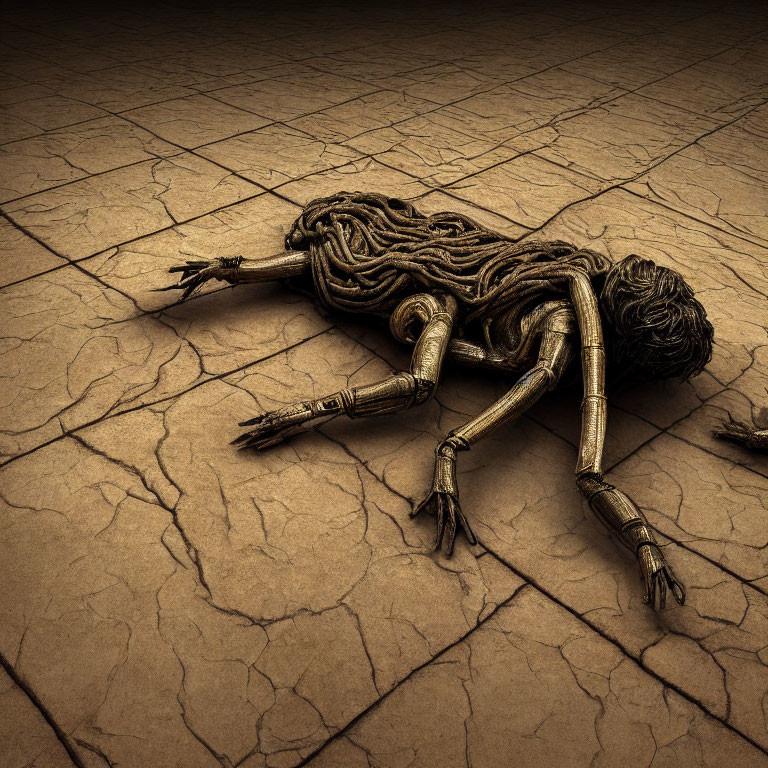 Emaciated figure with twisted limbs on cracked earth