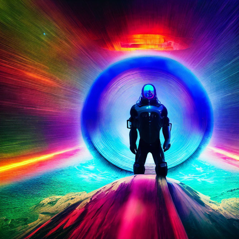 Astronaut in vibrant neon tunnel with bright light