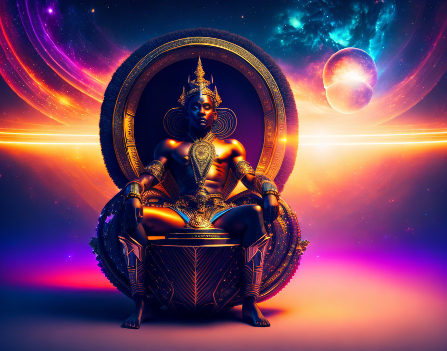 Regal mythical figure on ornate throne in cosmic setting