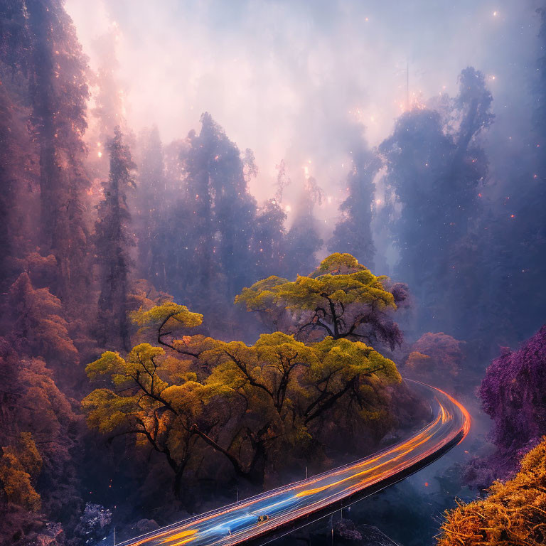 Curved Road with Light Trails in Misty Forest at Twilight