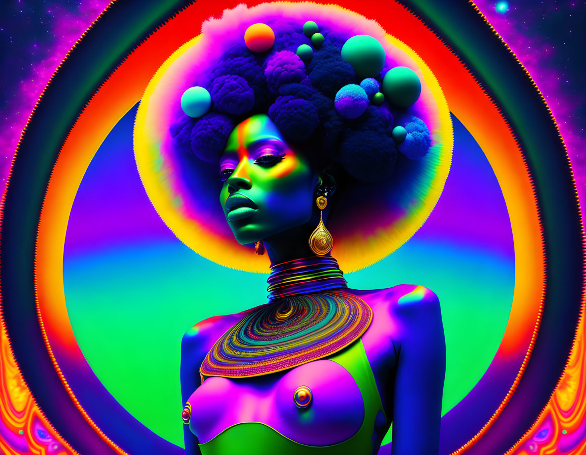 Vibrant digital artwork of woman with afro and swirling patterns