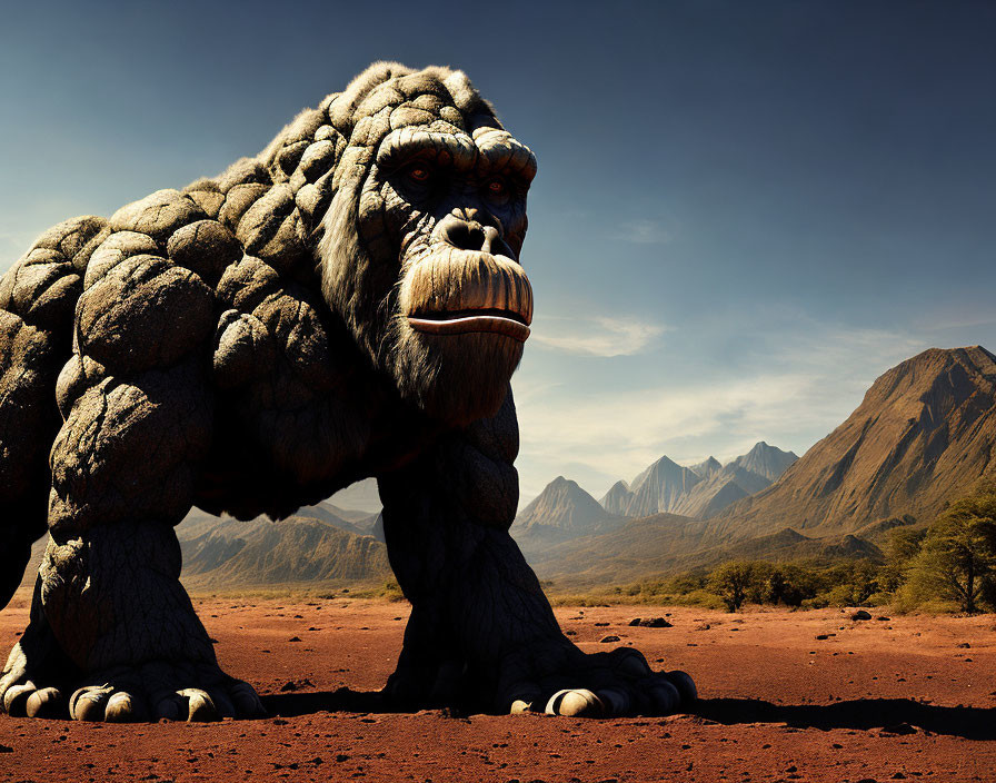 Giant stone gorilla sculpture in barren landscape with blue sky