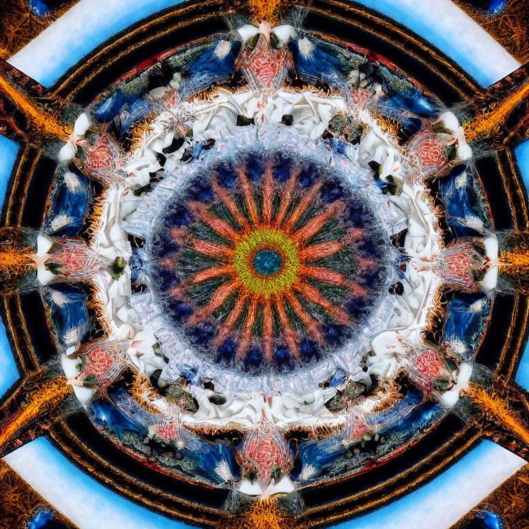 Vibrant Blue, Orange, and White Symmetrical Patterns with Starburst Effect