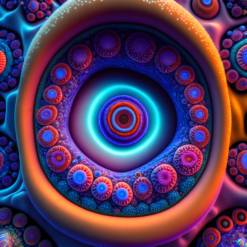 Colorful Fractal Art: Circular Patterns in Blue, Purple, and Orange