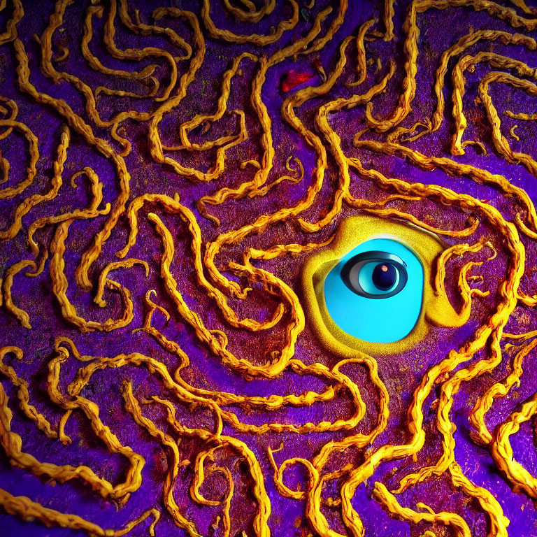 Surreal illustration featuring central blue eye on yellow background