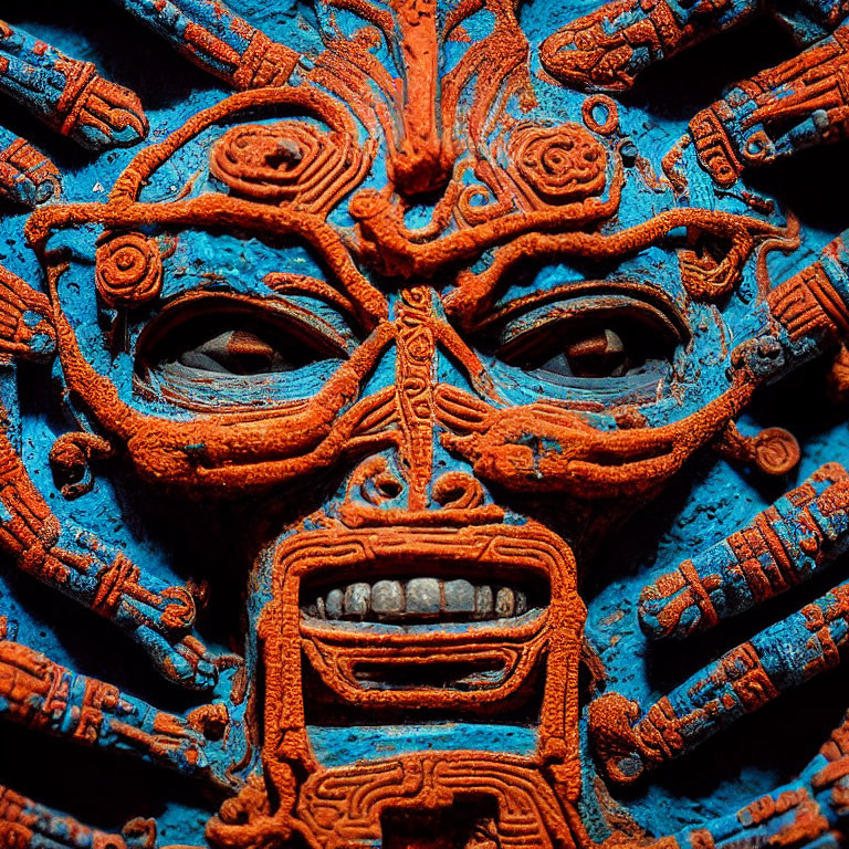 Detailed Mesoamerican Stone Carving with Vibrant Blue and Orange Colors