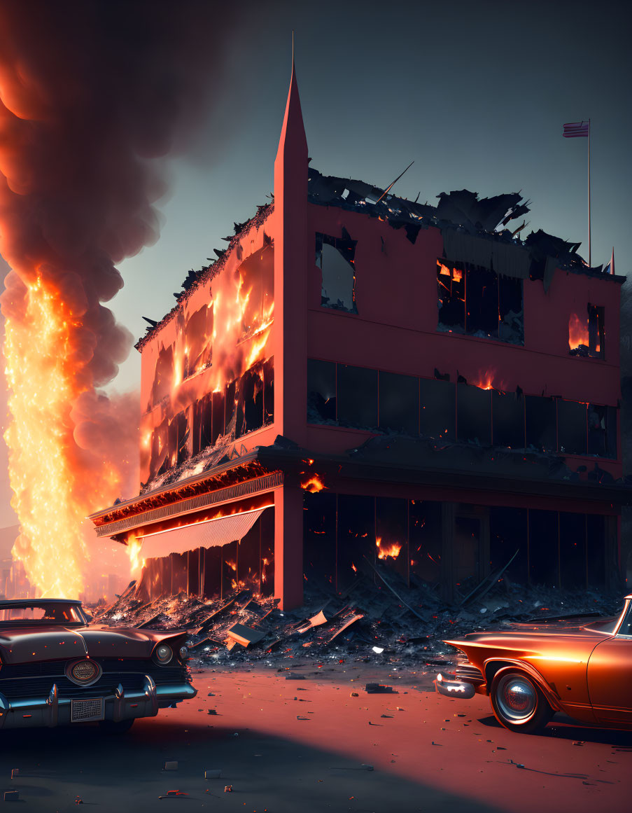 Building on Fire with Large Flames and Smoke, Damaged Structure, Debris, Vintage Cars, D