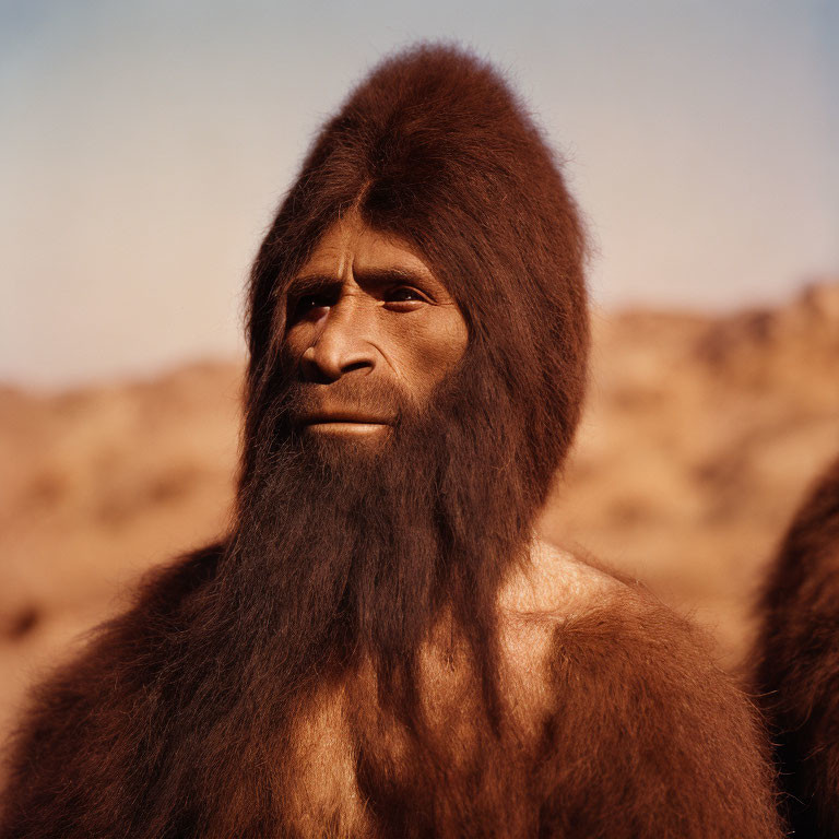 Hominid with Thick Brown Hair in Desert Landscape