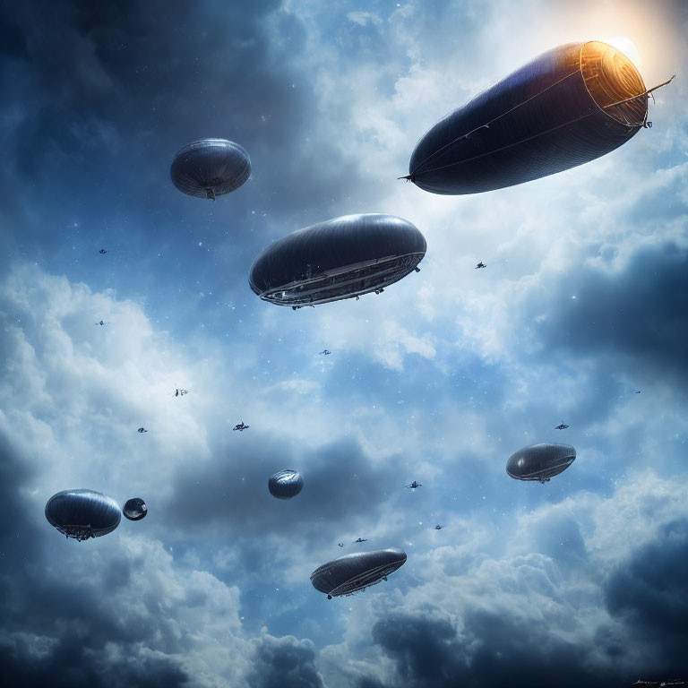 Airships of various sizes in dramatic sky with puffy clouds.