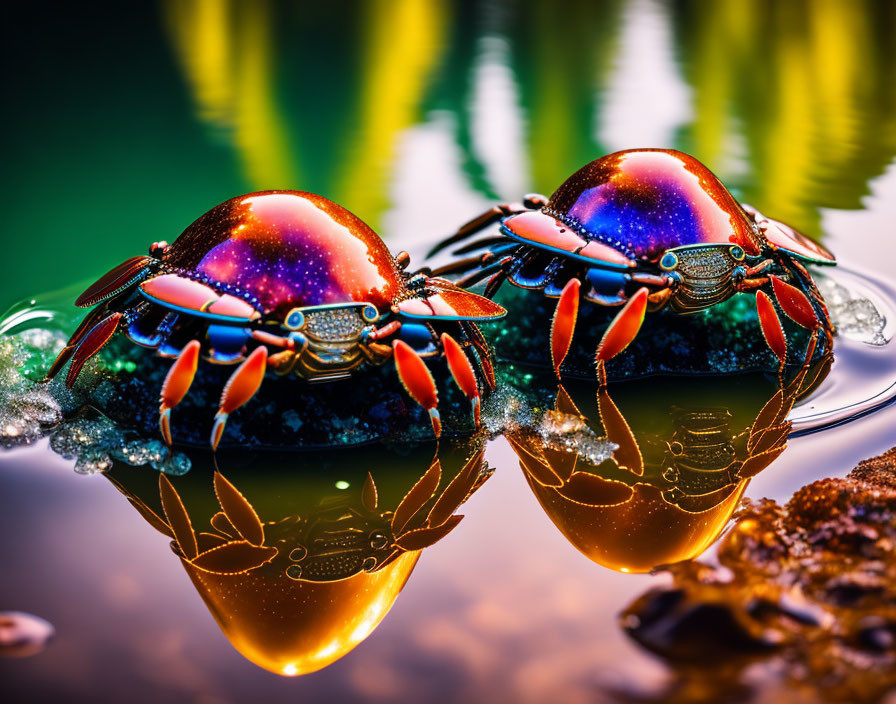 Vibrantly colored crabs with starry shells in serene water reflection