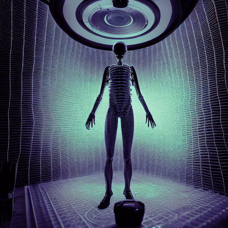 Human skeleton in neon-lit futuristic chamber