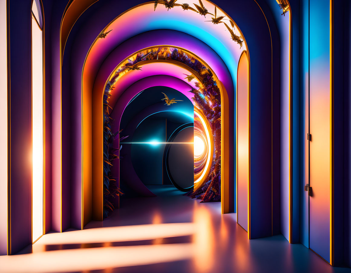 Colorful neon-lit corridor with arched doorways and futuristic tunnel effect