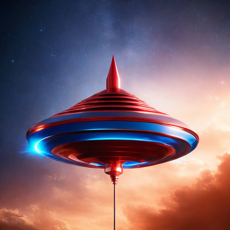 Red and Blue Illuminated UFO Hovering in Starry Sky