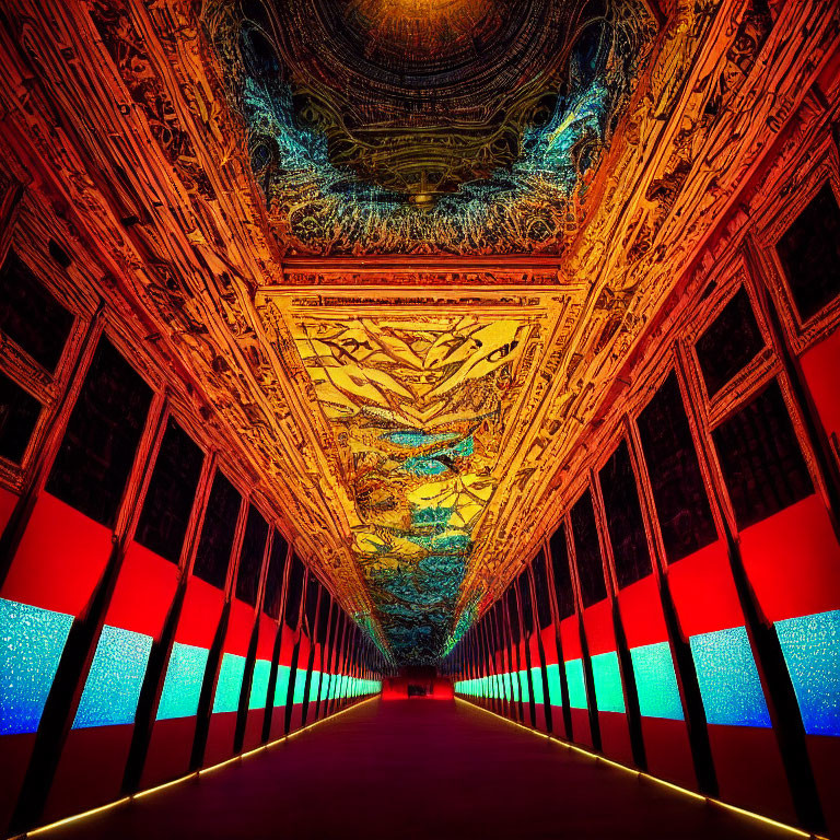 Vibrantly Lit Corridor with Red Glowing Walls and Blue Light Panels