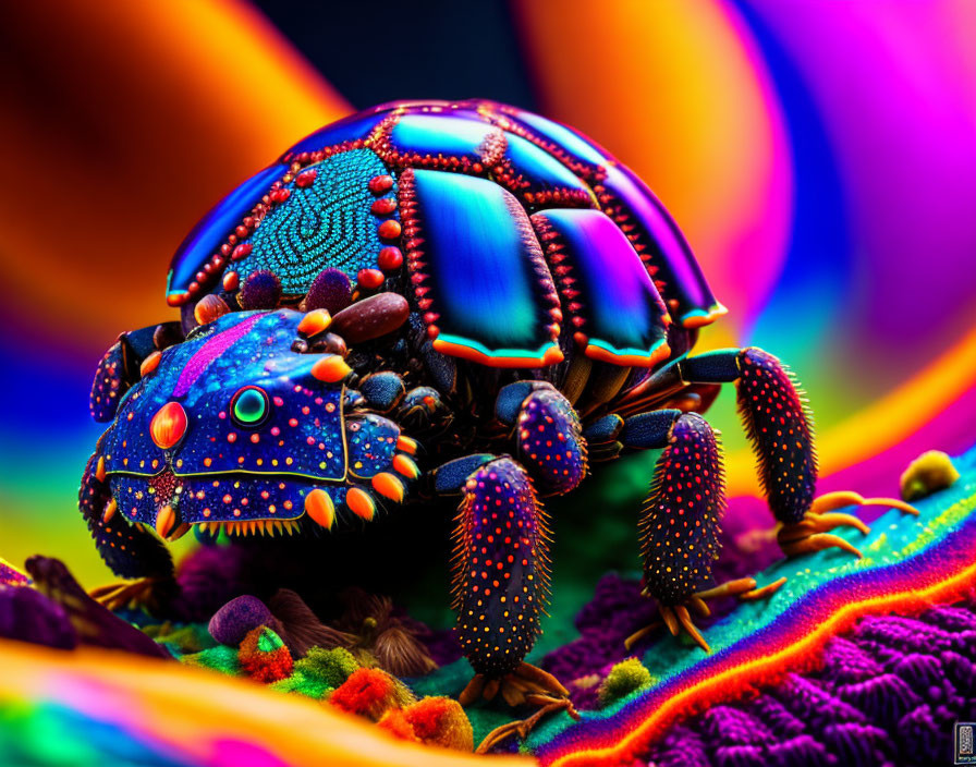 Colorful Beetle on Psychedelic Rainbow Background with Textured Surface