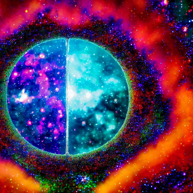 Colorful cosmic sphere with split pupil on nebula background