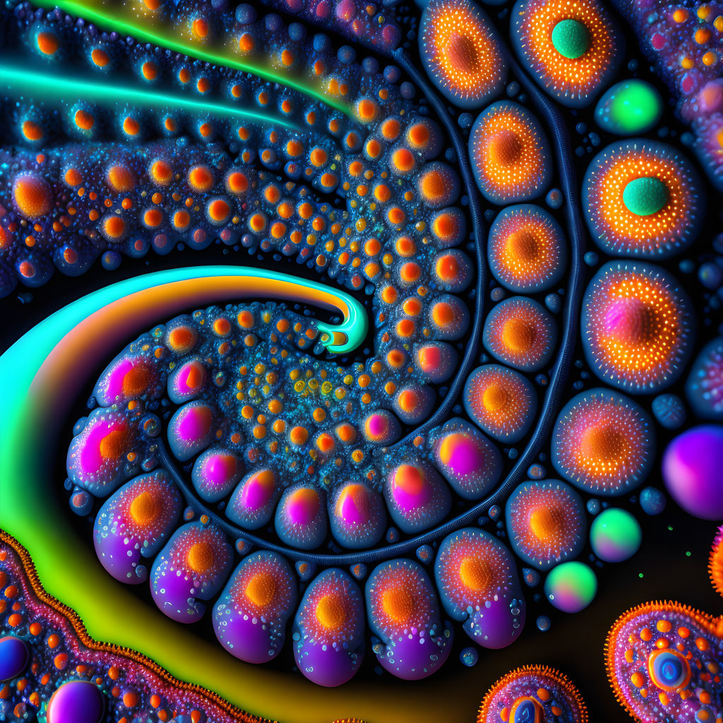 Colorful Swirling Fractal Art with Spherical Shapes and Neon Outlines