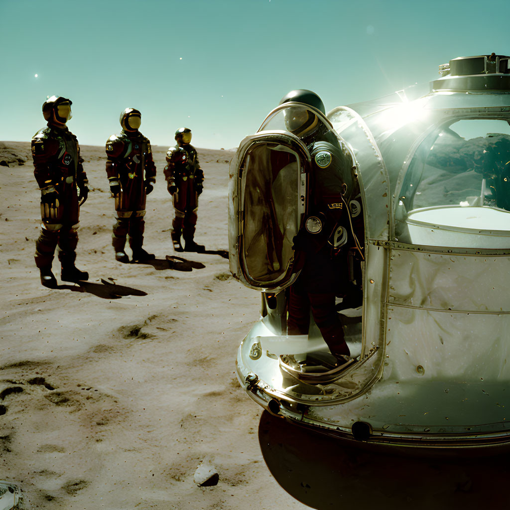 Astronauts in space suits on barren landscape by spacecraft