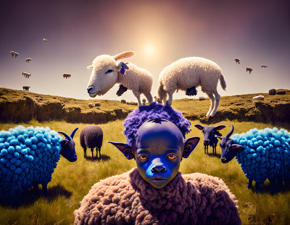 Blue-faced child and sheep in surreal sunset scene