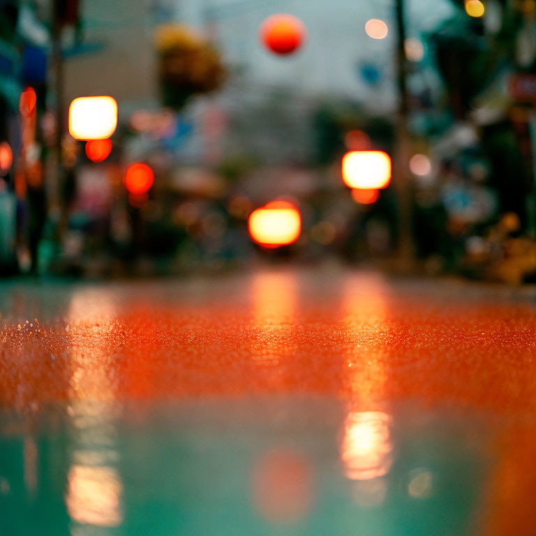 Colorful Bokeh Effect on Wet Street at Night