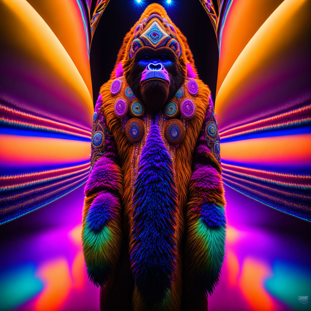 Colorful psychedelic gorilla on neon symmetrical background